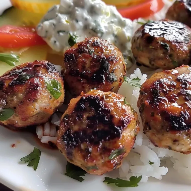 Plate of Greek turkey meatballs with tzatziki sauce and fresh herbs