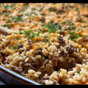 Hamburger Rice Casserole Recipe 1 Delicious Hamburger Rice Casserole served in a baking dish with cheese on top