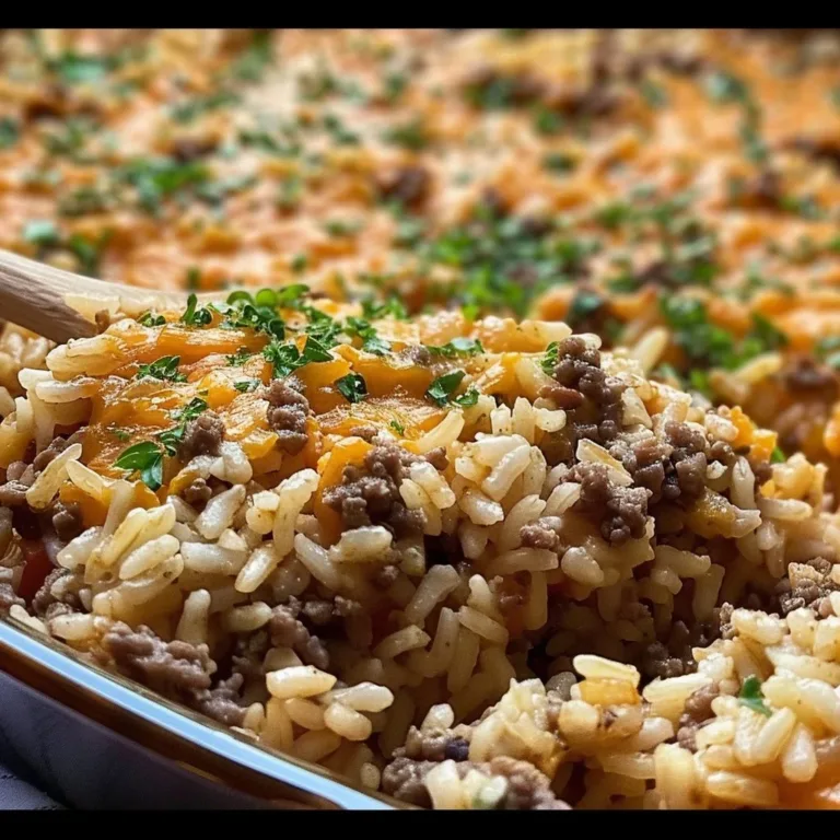 Delicious Hamburger Rice Casserole served in a baking dish with cheese on top