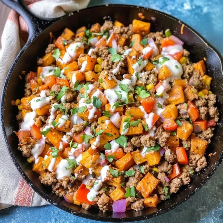 Healthy ground turkey taco skillet with sweet potatoes in a vibrant dish.