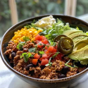 Healthy Turkey Taco Bowl 1 Healthy turkey taco bowl with fresh vegetables and toppings