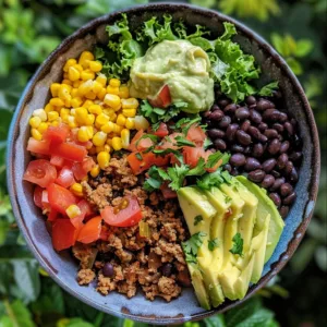 Healthy Turkey Taco Bowl Recipe 1 Healthy turkey taco bowl topped with fresh vegetables and avocado.