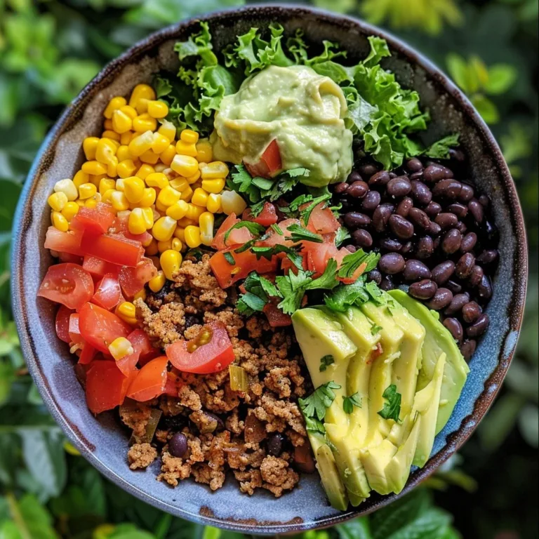 Healthy turkey taco bowl topped with fresh vegetables and avocado.