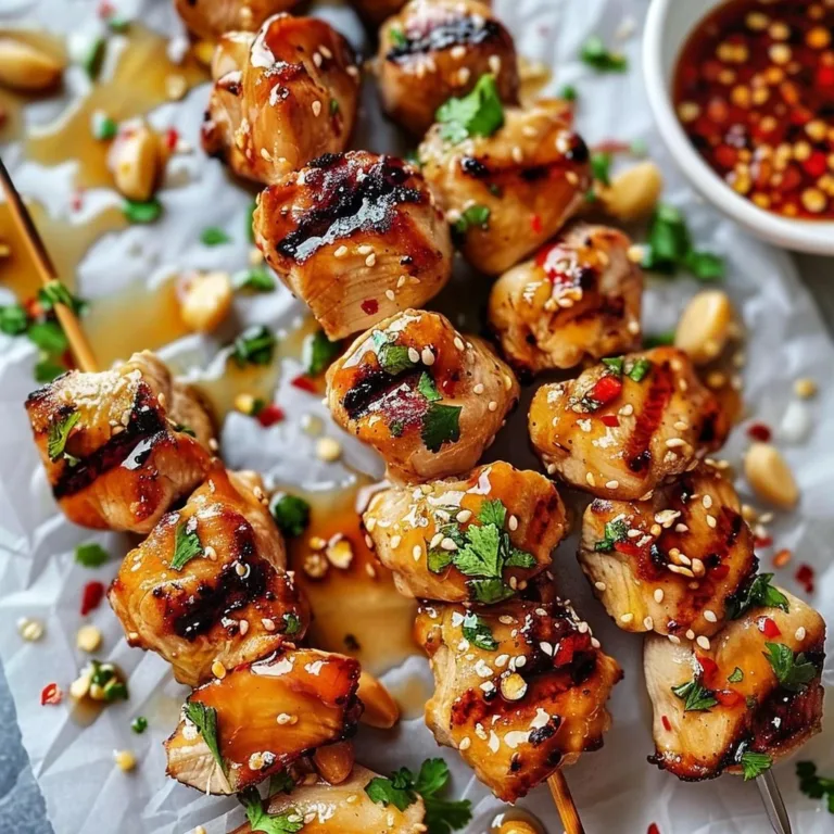 Delicious Honey Garlic Chicken Skewers with a sweet glaze on a grill.