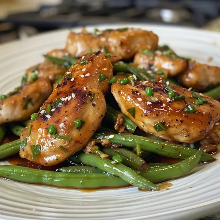 Plate of honey garlic chicken served with sautéed green beans