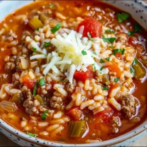 Instant Pot Stuffed Pepper Soup Recipe 1 Bowl of Instant Pot stuffed pepper soup garnished with herbs