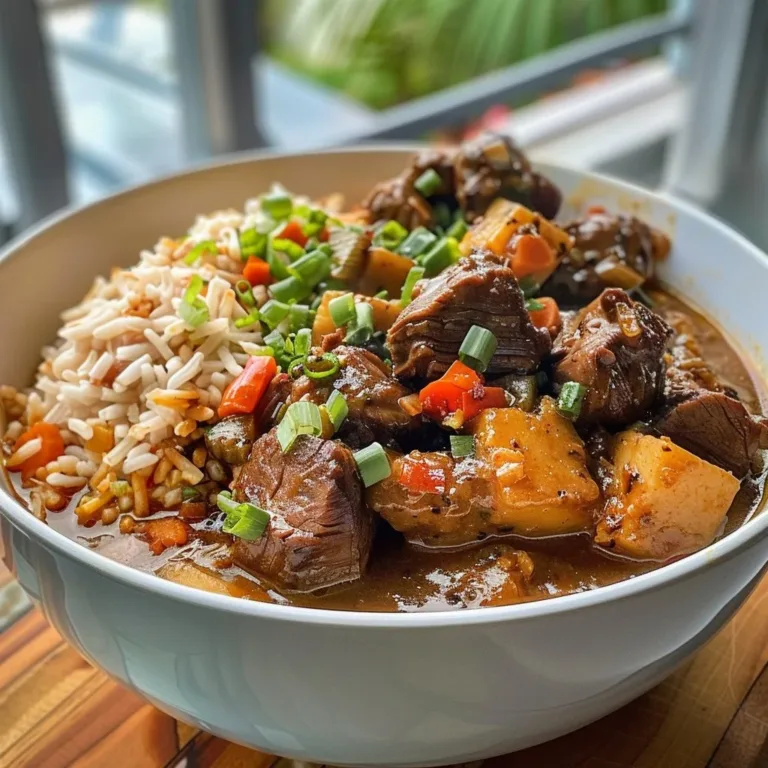 Jamaican-Style Beef Stew served with rice on a plate