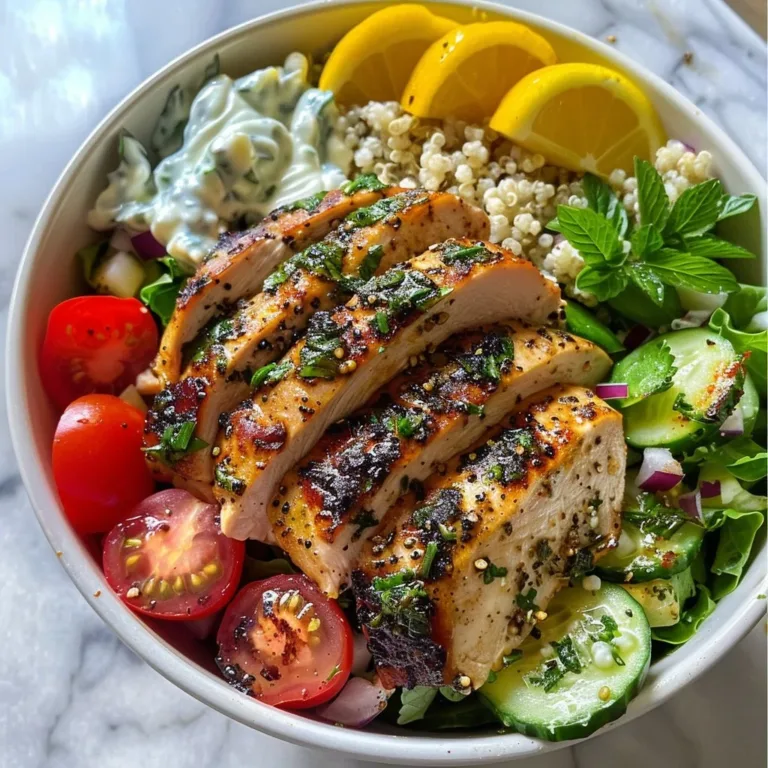 Lemon-Herb Greek Chicken Bowls garnished with fresh herbs and lemon slices