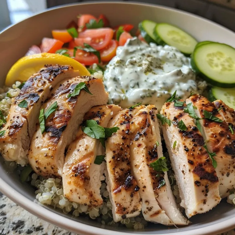 Lemon Herb Greek Chicken Bowl topped with fresh vegetables and feta cheese