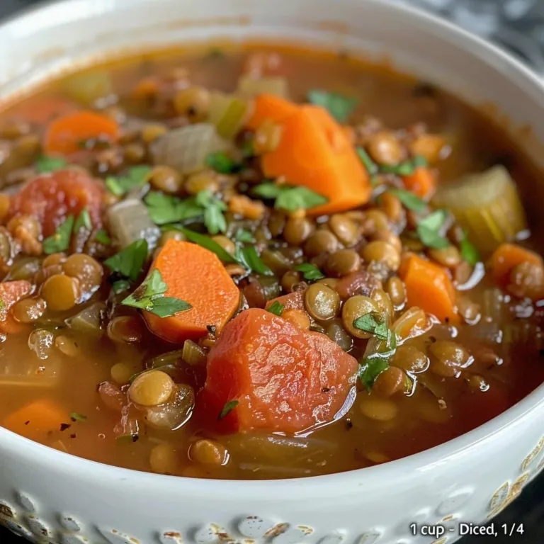 Bowl of delicious lentil and vegetable soup garnished with fresh herbs
