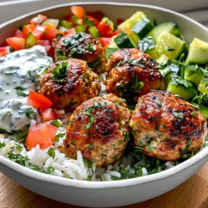 Mediterranean Chicken Meatball Bowls 1 Bowl of Mediterranean chicken meatballs with fresh vegetables and herbs