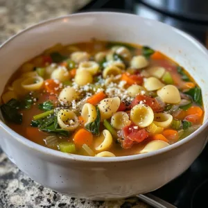 Orecchiette Vegetable Soup 1 Delicious Orecchiette Vegetable Soup served in a bowl, garnished with herbs.