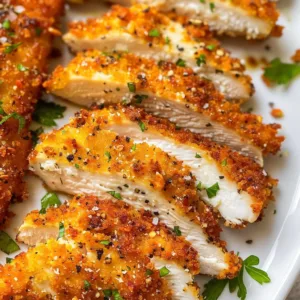 Parmesan-Crusted Crispy Chicken Cutlets 1 Parmesan-crusted crispy chicken cutlets served with herbs on a plate