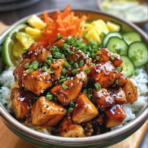 Poke Bowls with Teriyaki Chicken 1 Delicious poke bowl featuring teriyaki chicken, fresh veggies, and rice.