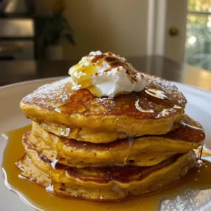 Pumpkin Cottage Cheese Pancakes 1 Fluffy pumpkin cottage cheese pancakes on a plate with syrup and cinnamon.