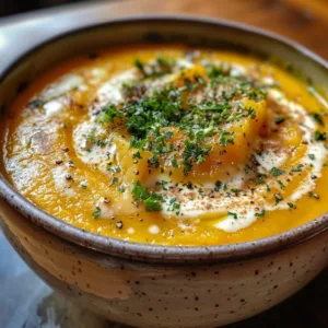 Roasted Butternut Squash Soup 1 Bowl of creamy roasted butternut squash soup garnished with herbs