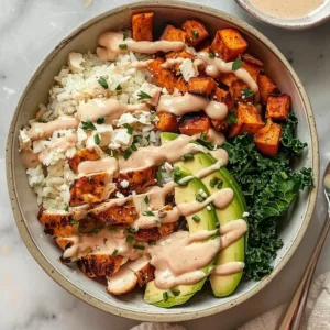 Roasted Chicken Rice Bowls with Sweet Potatoes 1 Roasted chicken rice bowls served with sweet potatoes and fresh greens