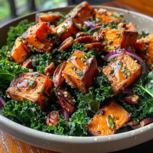 Roasted Sweet Potato and Kale Salad 1 Roasted sweet potato and kale salad in a bowl garnished with nuts