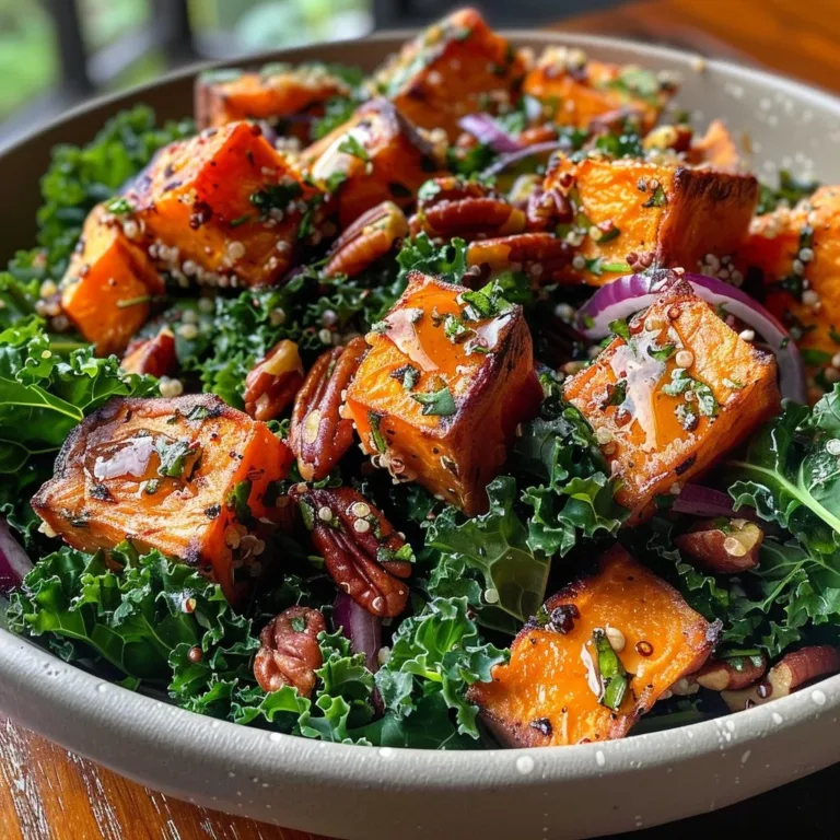 Roasted sweet potato and kale salad in a bowl garnished with nuts