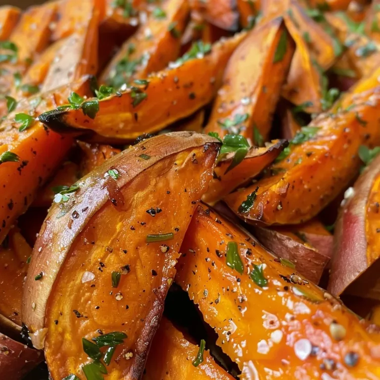 Crispy roasted sweet potato wedges on a plate, garnished with herbs.