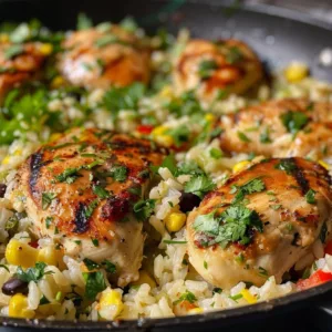 Salsa Verde Chicken and Rice Skillet 1 Delicious Salsa Verde Chicken and Rice Skillet served in a pan with toppings.