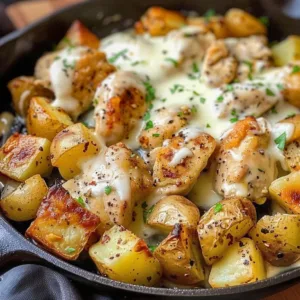 Skillet Garlic Parmesan Chicken and Potatoes 1 Skillet Garlic Parmesan Chicken served with golden roasted potatoes