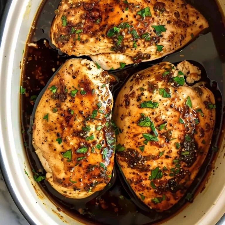 Slow cooker chicken breasts ready to serve with herbs and spices