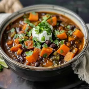 Slow Cooker Sweet Potato Black Bean Chili 1 Bowl of Slow Cooker Sweet Potato Black Bean Chili garnished with herbs