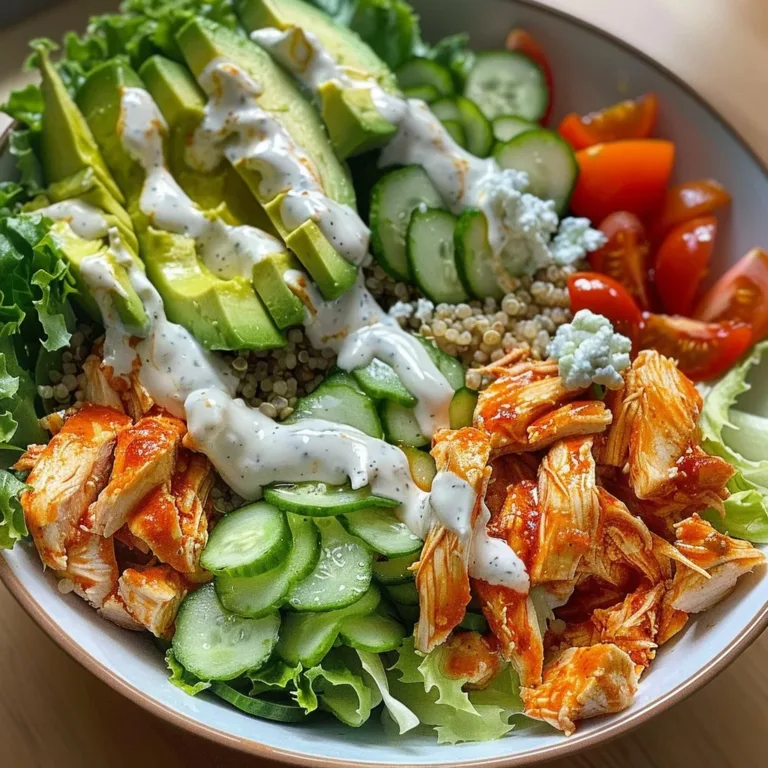 High-protein spicy Buffalo chicken bowl with fresh veggies and sauce.