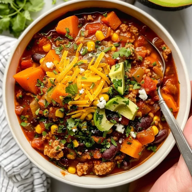 Bowl of Sweet Potato Turkey Chili topped with fresh herbs and spices.