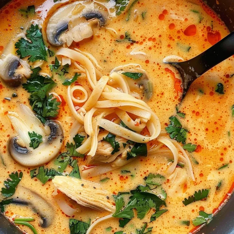 Bowl of Thai-inspired chicken soup garnished with fresh herbs and chili