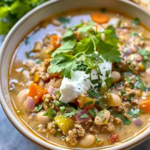 Turkey Chili Verde Recipe 1 Bowl of savory Turkey Chili Verde topped with fresh cilantro and lime.