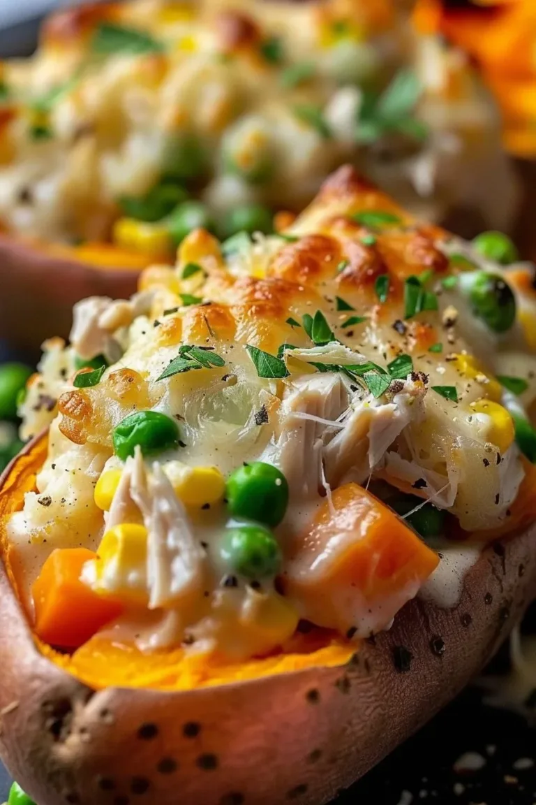 Delicious chicken pot pie stuffed sweet potatoes topped with creamy sauce and herbs