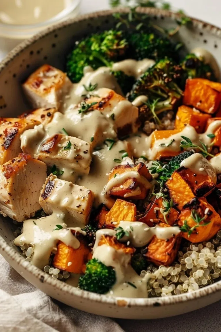 Healthy Chicken Sweet Potato Bowl Meal Prep with vibrant veggies and protein.