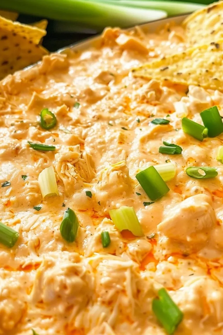 Healthy high-protein buffalo chicken dip served in a bowl with chips