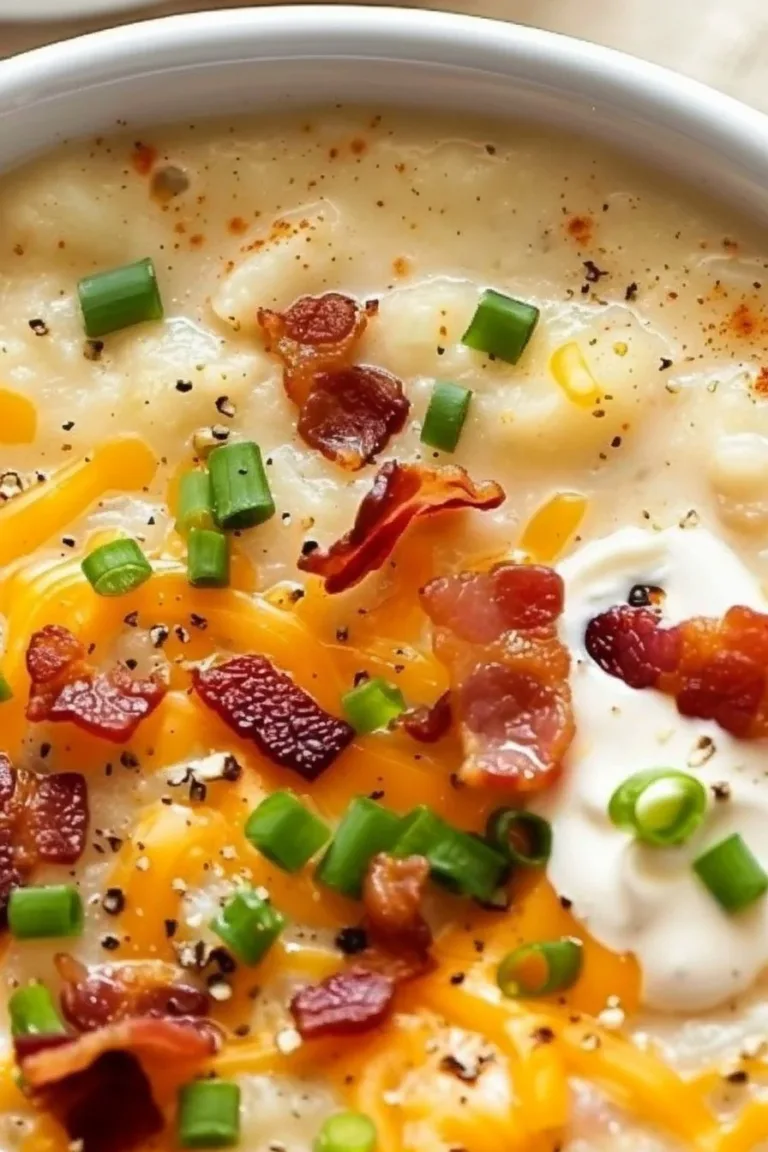 Bowl of creamy loaded potato soup topped with cheese, bacon, and green onions
