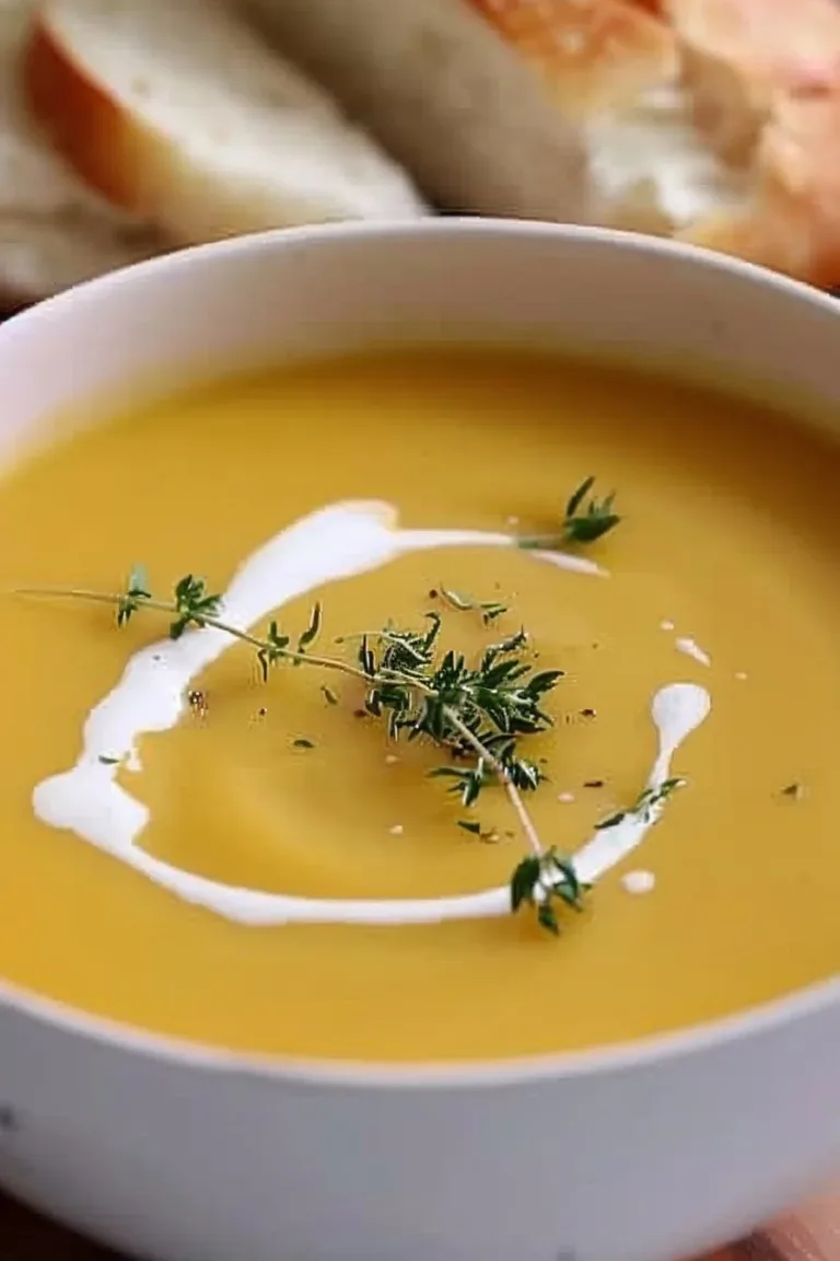 Creamy butternut squash soup in a bowl garnished with herbs