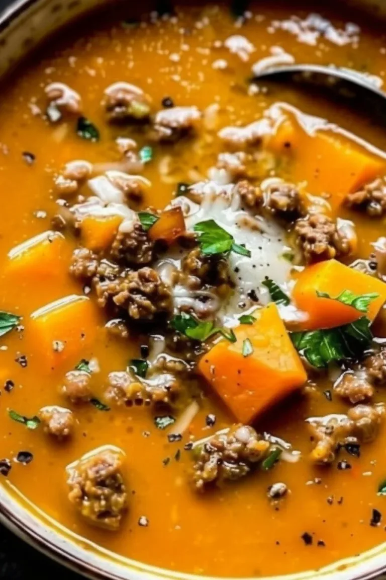 Quick sausage soup with butternut squash served in a bowl with fresh herbs