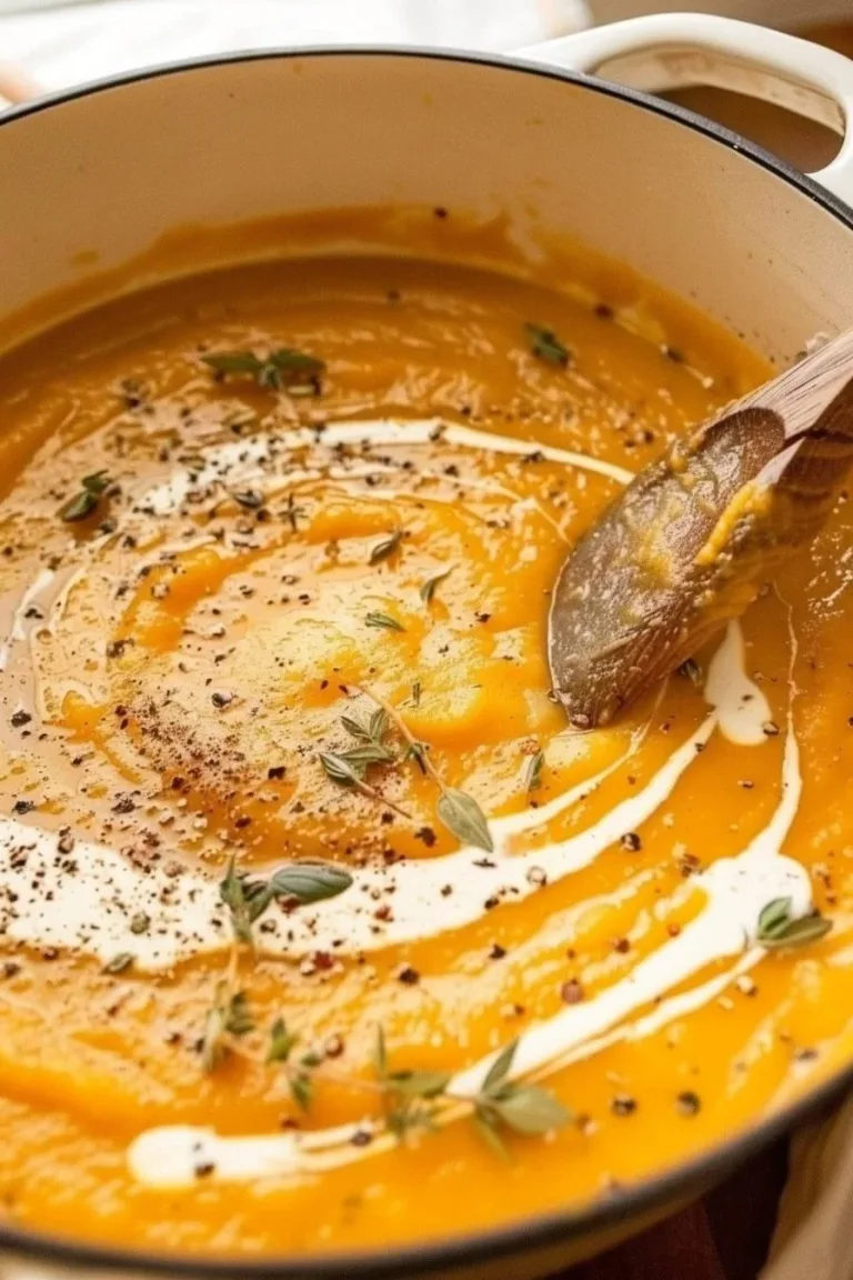 Delicious bowl of roasted butternut squash soup with herbs and spices