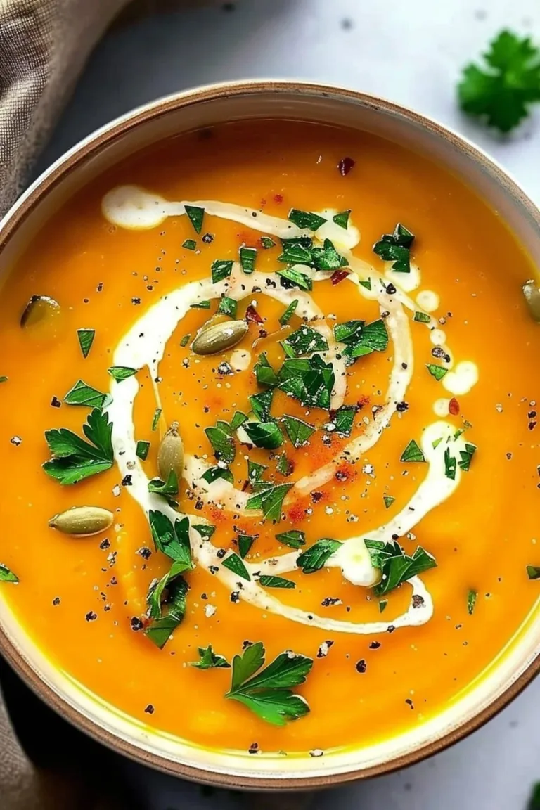Bowl of spicy butternut squash and sweet potato soup with herbs
