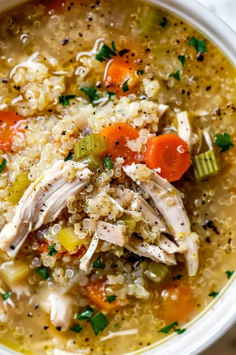 Delicious bowl of Chicken Quinoa Soup with fresh herbs and vegetables