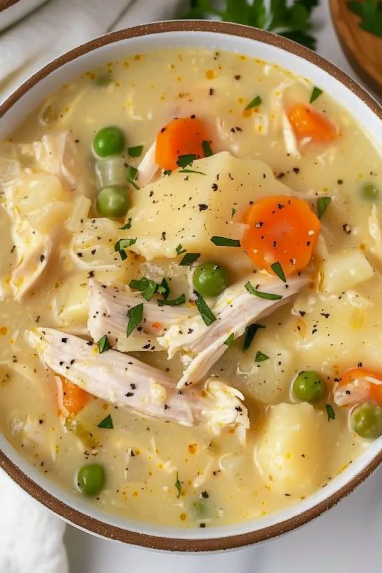 Healthy chicken pot pie soup in a bowl with fresh ingredients.