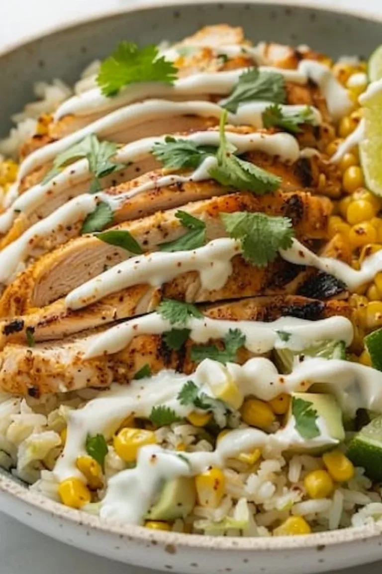 Mexican street corn chicken rice bowl with fresh ingredients and vibrant colors