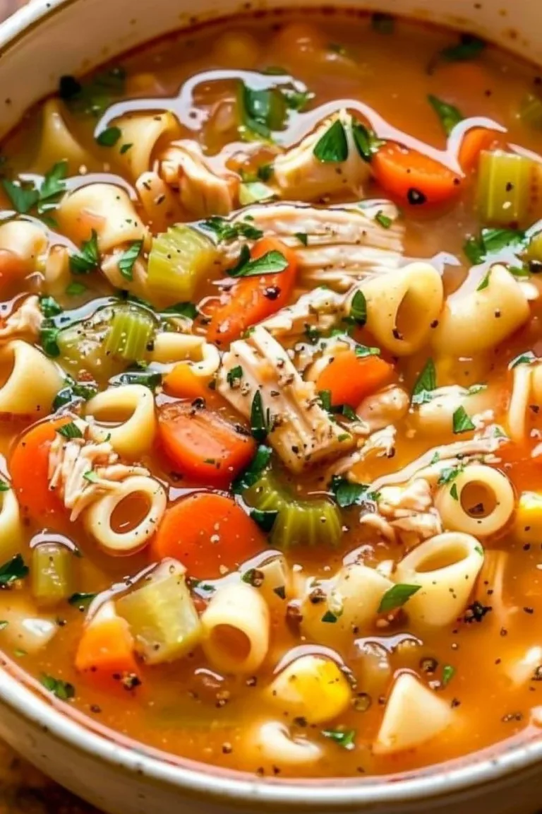 A bowl of homemade Sicilian Chicken Soup garnished with herbs and vegetables.